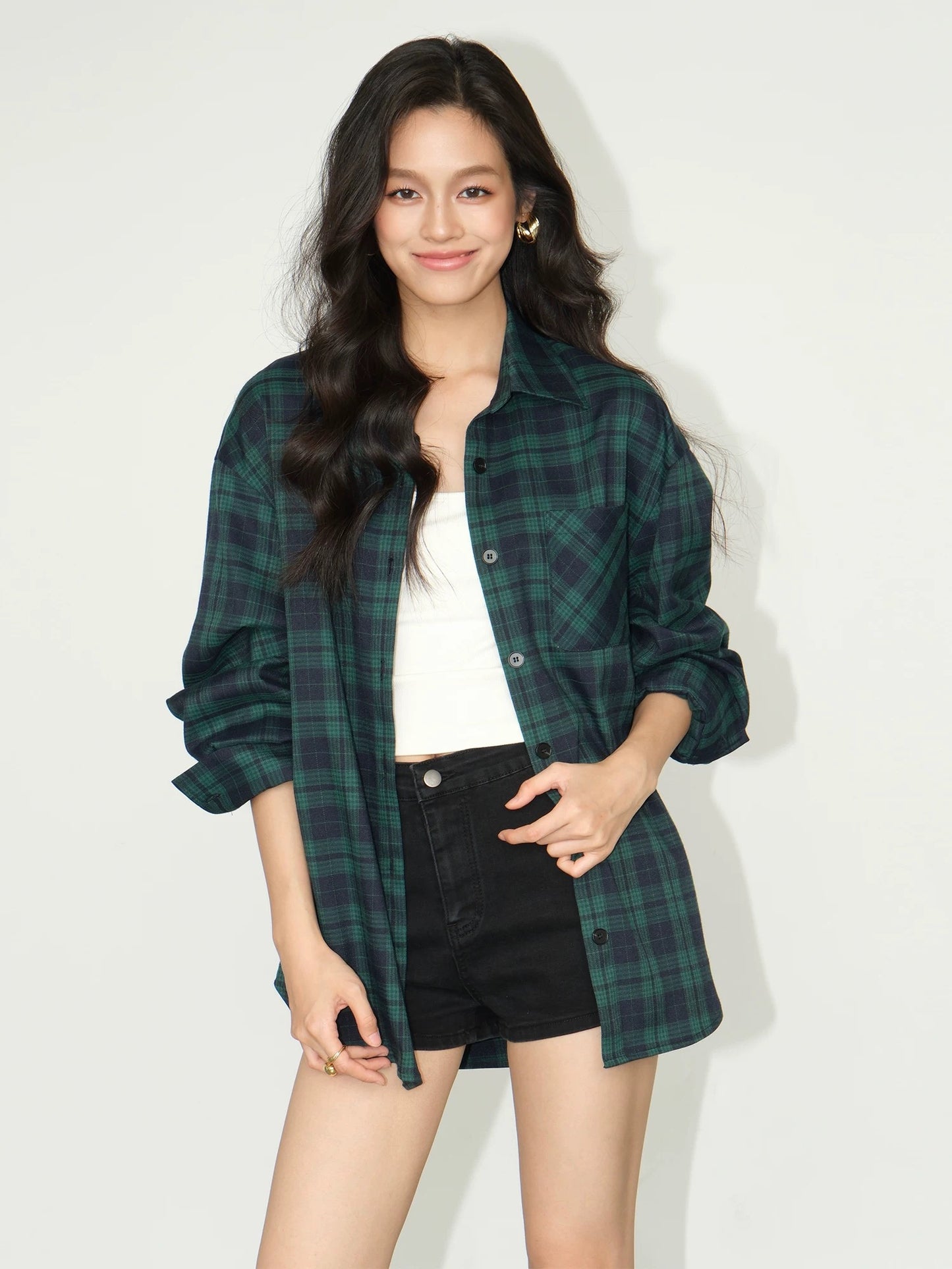 NEVA HU long-sleeved plaid shirt for women spring and autumn 2024 Korean style loose shirt jacket versatile casual top