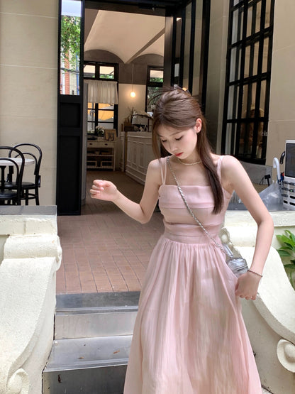 PPHOME Sweet Desire ~ Pink tube top suspender skirt for women summer fairy mesh dress holiday style long skirt