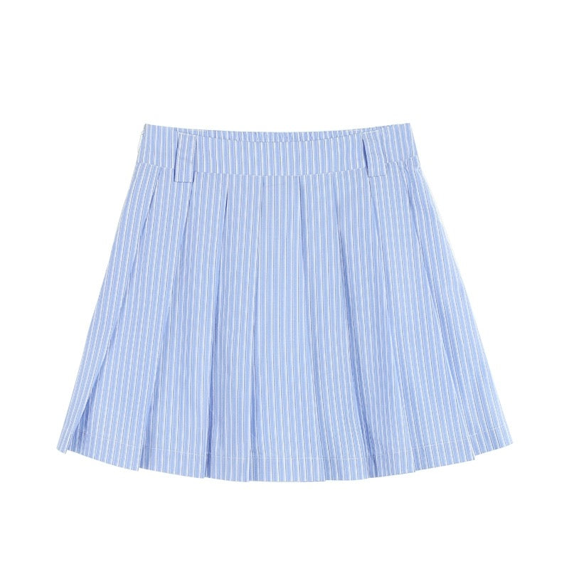 MULVAN Blue Striped Shirt Women 2024 Korean Loose Casual Top Skirt A-Line Short Skirt Suit