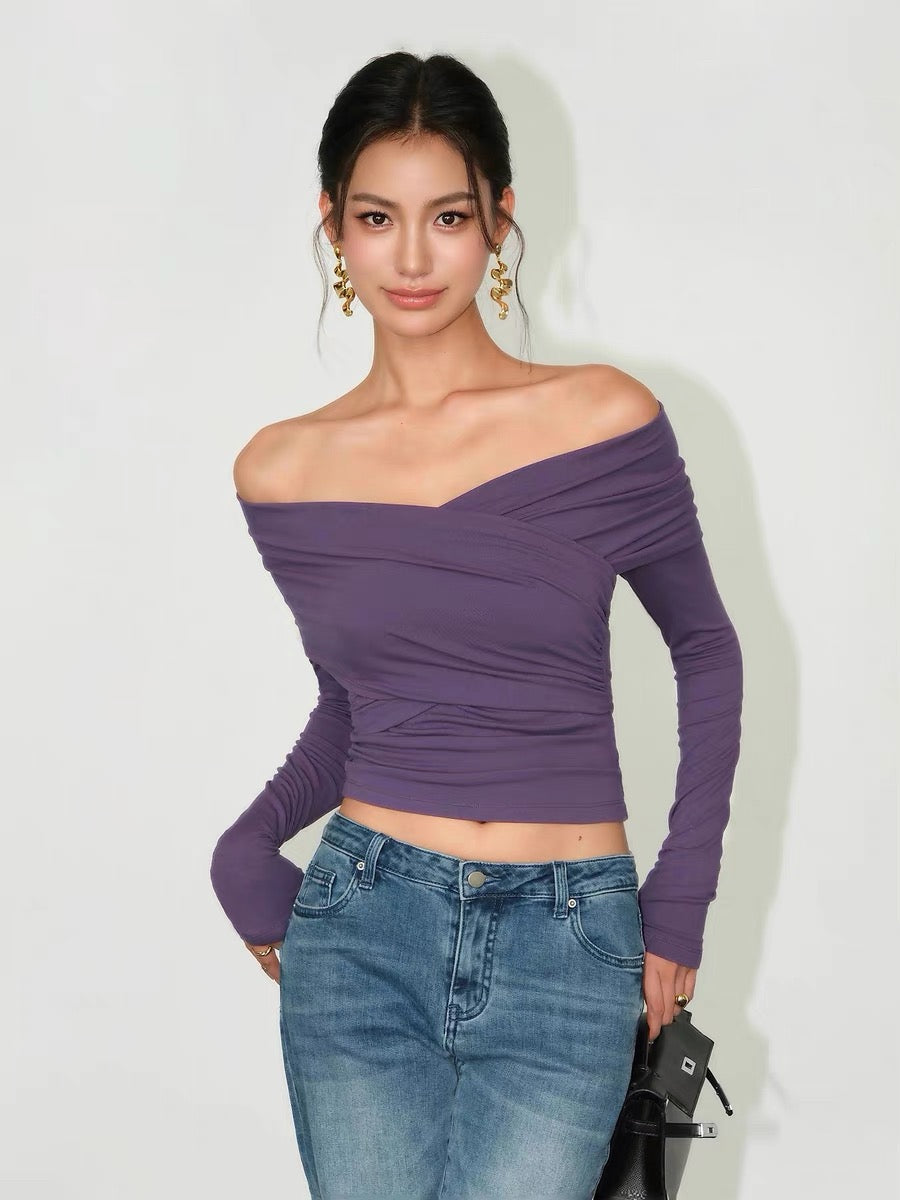 NEVA HU one-shoulder long-sleeved top for women 2024 autumn new slim fit short off-shoulder knitted T-shirt