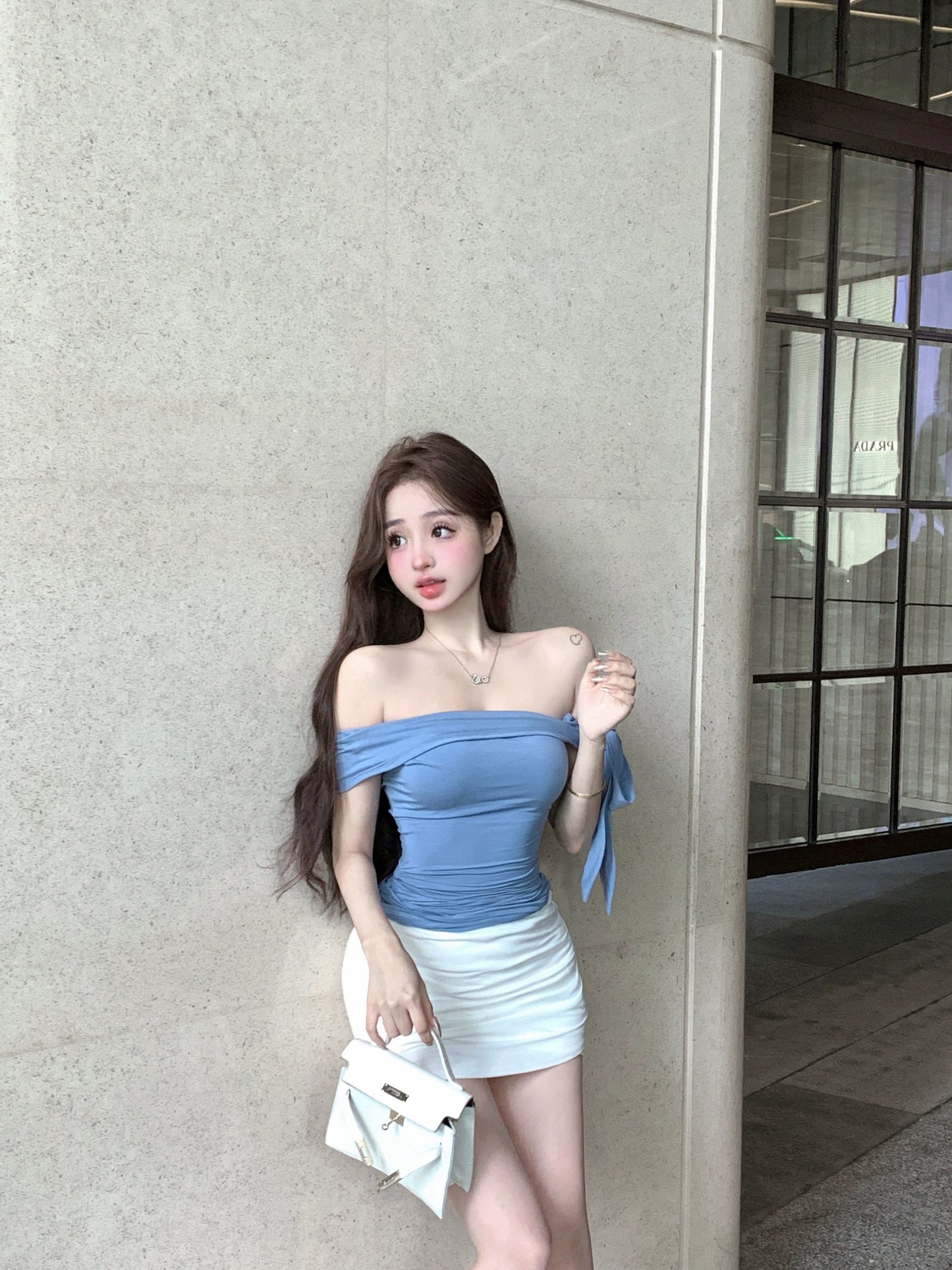 Sweet hot girl one-shoulder camisole female summer pure lust bow sexy collarbone short top wear outside