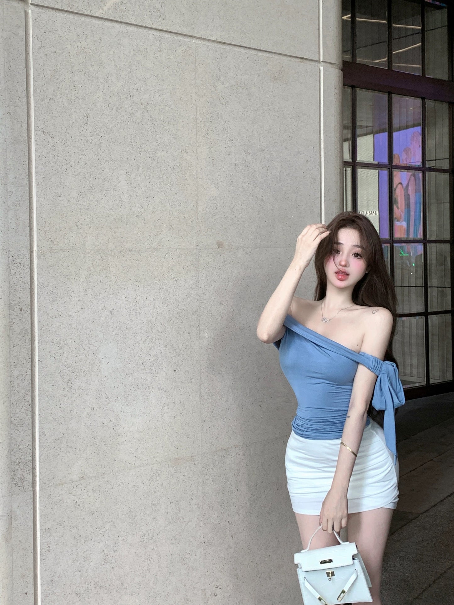 Sweet hot girl one-shoulder camisole female summer pure lust bow sexy collarbone short top wear outside