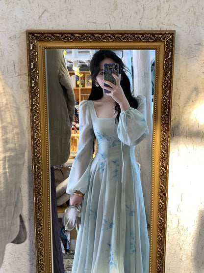 Send a letter "Yunxian" Oversized skirt spliced color blooming dress square neck puff sleeve waist waist princess dress