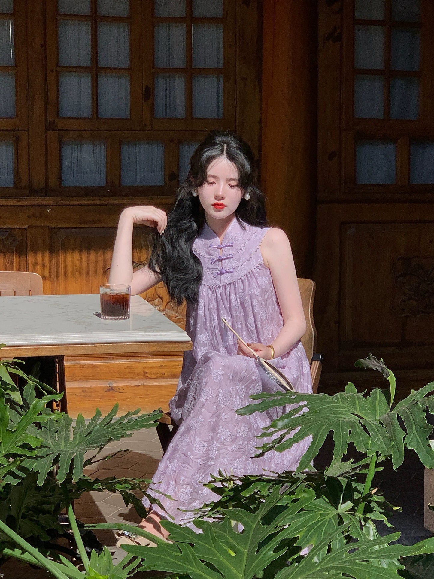 Send a letter "Summer Purple" Rose Cross Stitch New Chinese Style Cheongsam Collar Plate Button Halter Dress Tea Break Long Dress