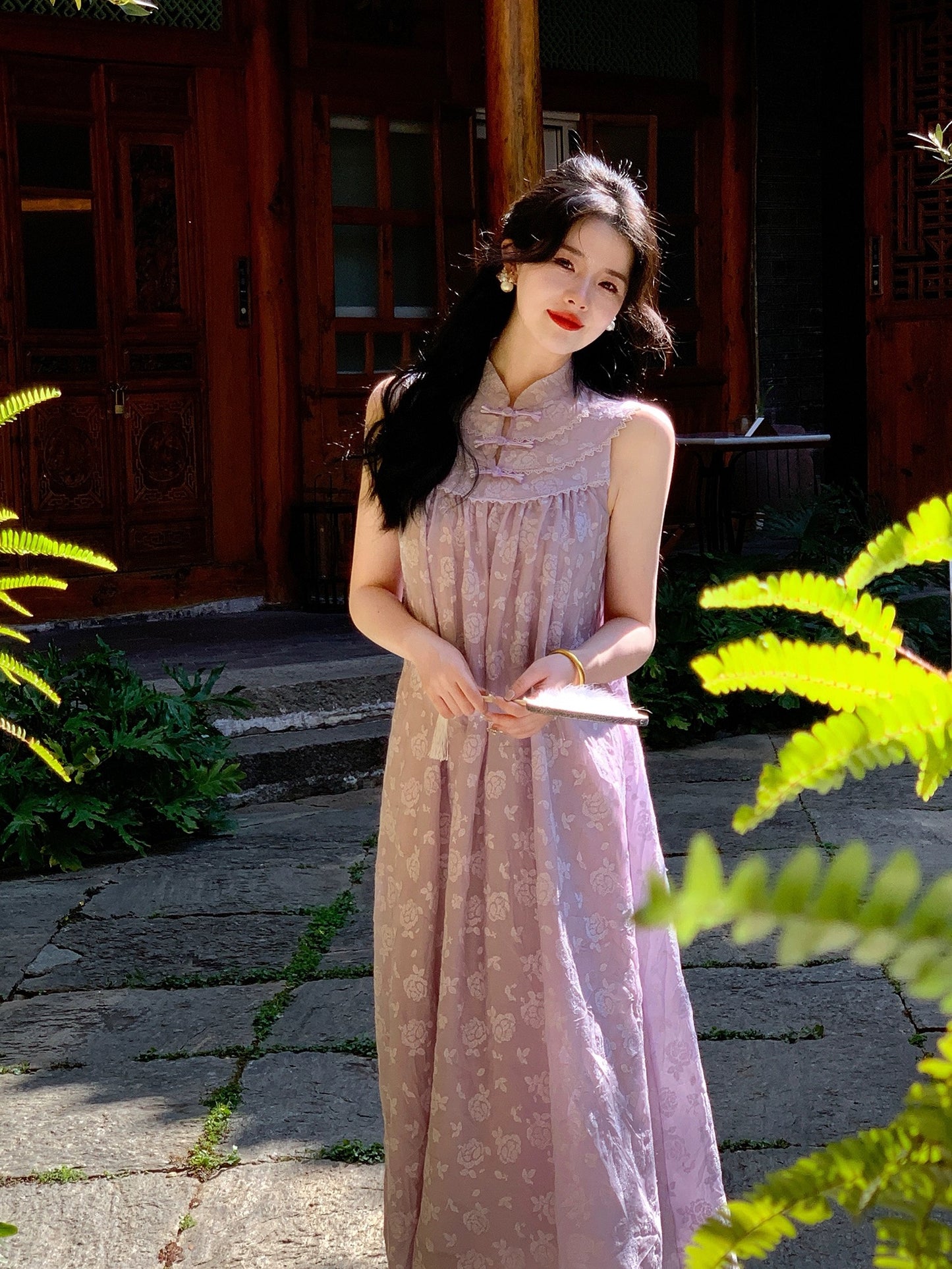 Send a letter "Summer Purple" Rose Cross Stitch New Chinese Style Cheongsam Collar Plate Button Halter Dress Tea Break Long Dress