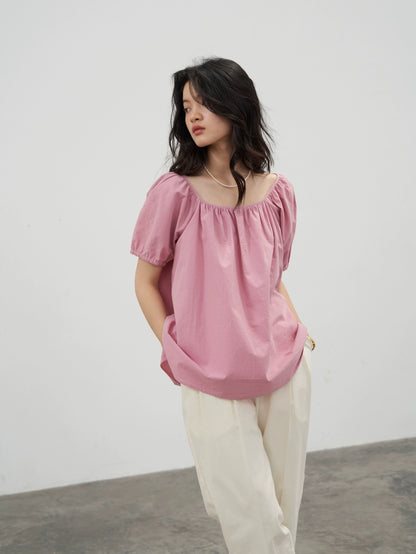 DC/Rose Bubble 2024 New Healing Simple Cotton Thin Lantern Sleeve Short Sleeve Top Pullover Round Neck