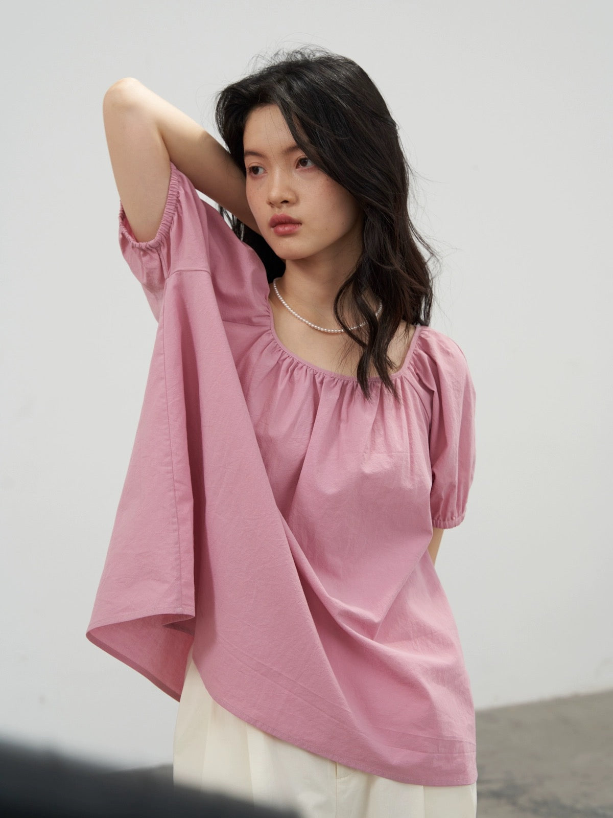 DC/Rose Bubble 2024 New Healing Simple Cotton Thin Lantern Sleeve Short Sleeve Top Pullover Round Neck