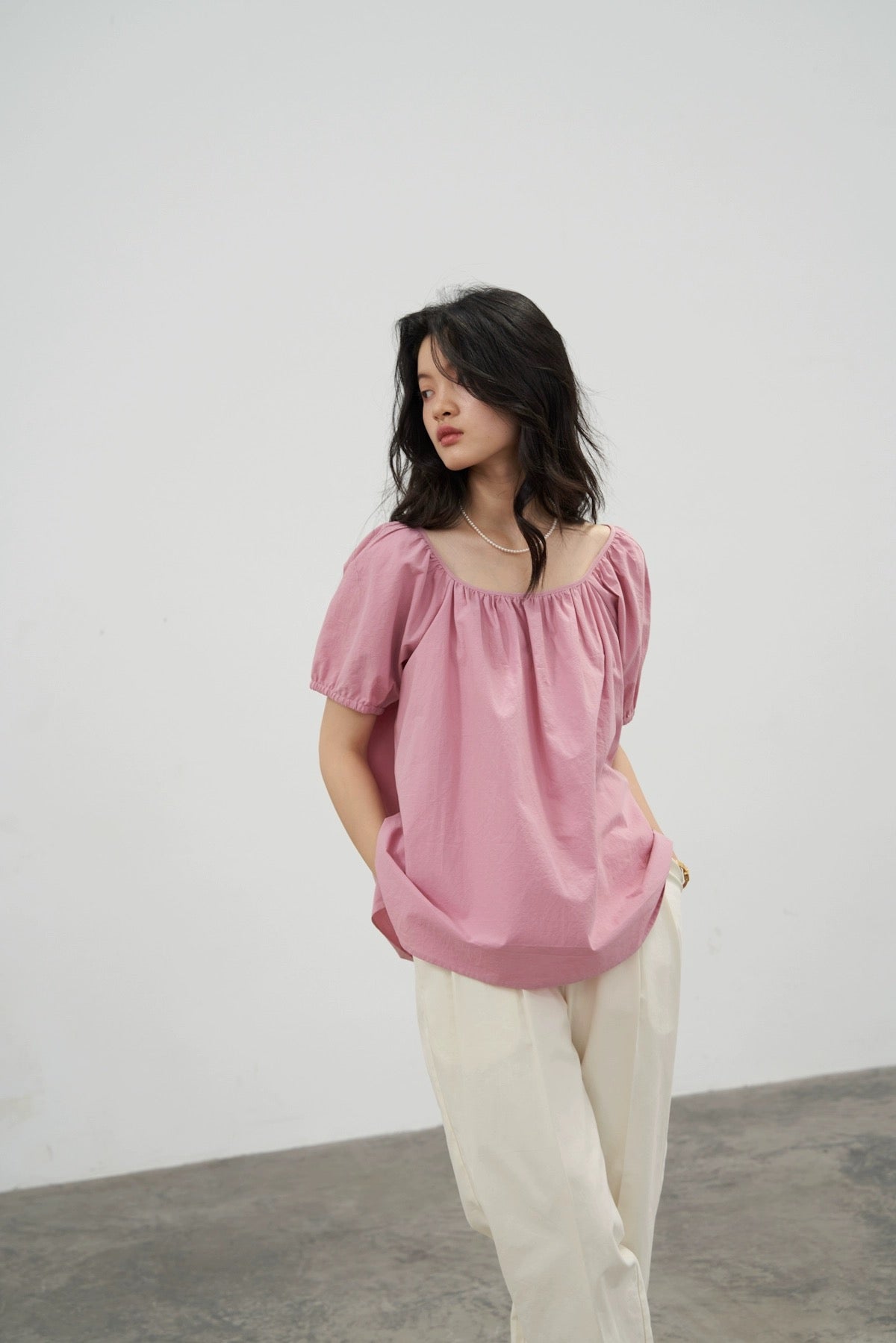 DC/Rose Bubble 2024 New Healing Simple Cotton Thin Lantern Sleeve Short Sleeve Top Pullover Round Neck