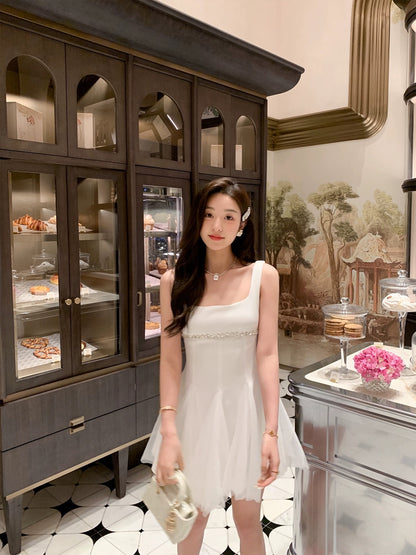 cchenchenchen angel is coming ~ white mesh diamond temperament suspender dress women's new summer design