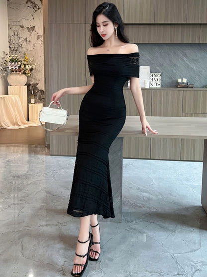 French super fairy one-shoulder lace short-sleeved dress women's summer new style mid-length waist slimming fishtail skirt trendy