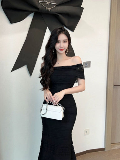 French super fairy one-shoulder lace short-sleeved dress women's summer new style mid-length waist slimming fishtail skirt trendy