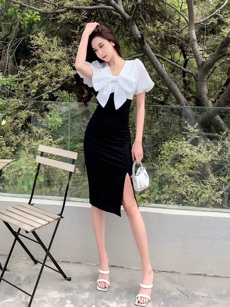 Summer 2024 new style French high-end light luxury black and white stitching bow dress women's waist slit dress skirt