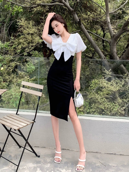 Summer 2024 new style French high-end light luxury black and white stitching bow dress women's waist slit dress skirt