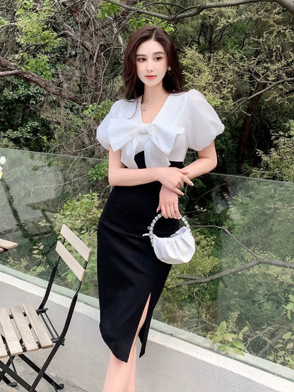 Summer 2024 new style French high-end light luxury black and white stitching bow dress women's waist slit dress skirt