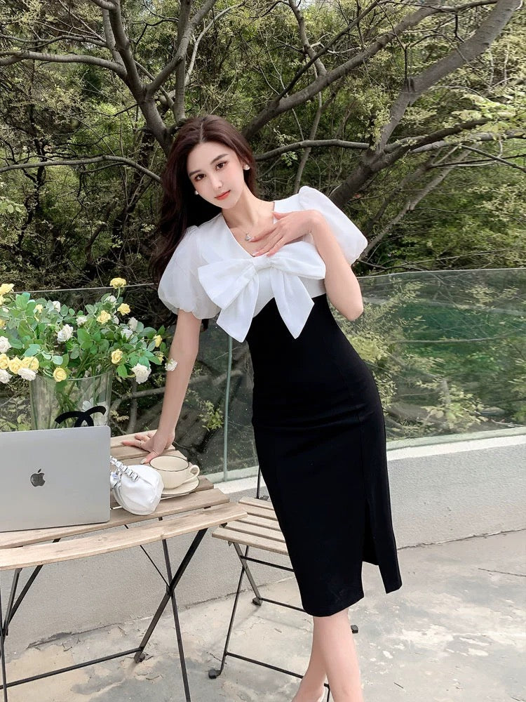 Summer 2024 new style French high-end light luxury black and white stitching bow dress women's waist slit dress skirt