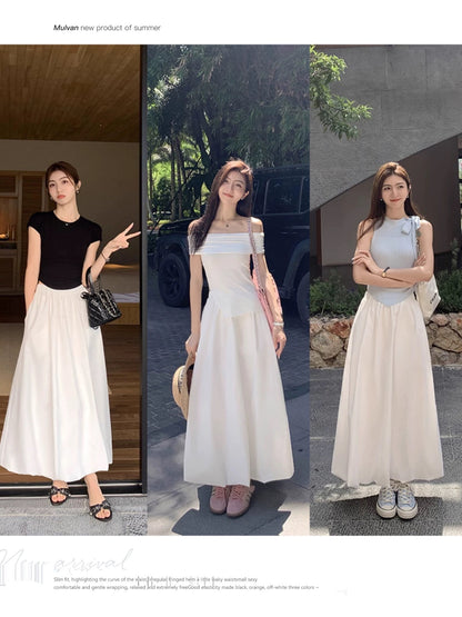 MULVAN White Skirt Women's Mid-Length Spring Summer 2024 Design A-Line Skirt Covers Slim Puff Umbrella Skirt