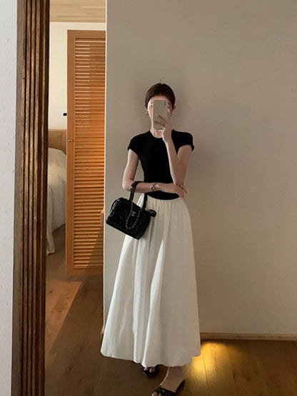 MULVAN White Skirt Women's Mid-Length Spring Summer 2024 Design A-Line Skirt Covers Slim Puff Umbrella Skirt