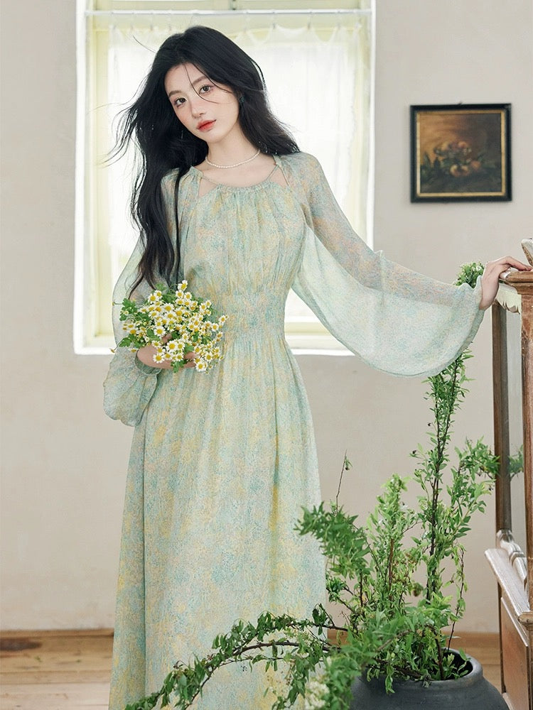 Fairy-like fairy skirt, French first love chic, beautiful niche design, puff sleeves, hollow floral dress