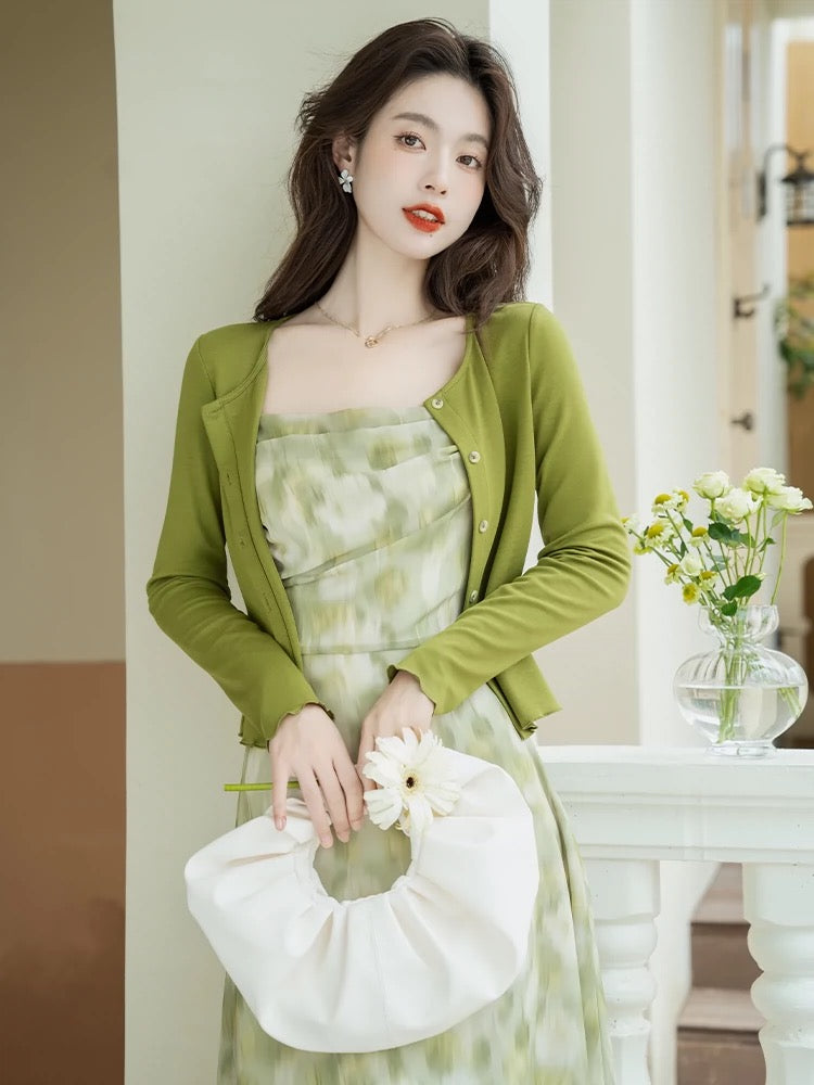 French green floral dress for women summer 2024 new super fairy style gentle style suspender cardigan two-piece set