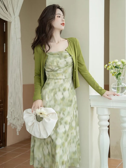 French green floral dress for women summer 2024 new super fairy style gentle style suspender cardigan two-piece set