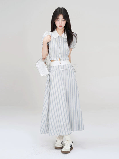 A Little Wild Berry Korean Style Striped Cool Contrast Color Fashion Versatile Doll Collar Shirt Skirt Two-piece Set for Women