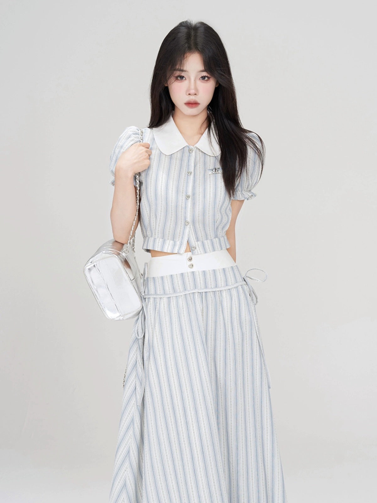 A Little Wild Berry Korean Style Striped Cool Contrast Color Fashion Versatile Doll Collar Shirt Skirt Two-piece Set for Women