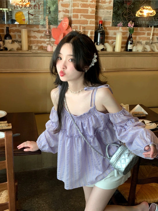 kumikumi sweet age-reducing off-shoulder shirt women's 2024 spring new loose shirt niche chic top