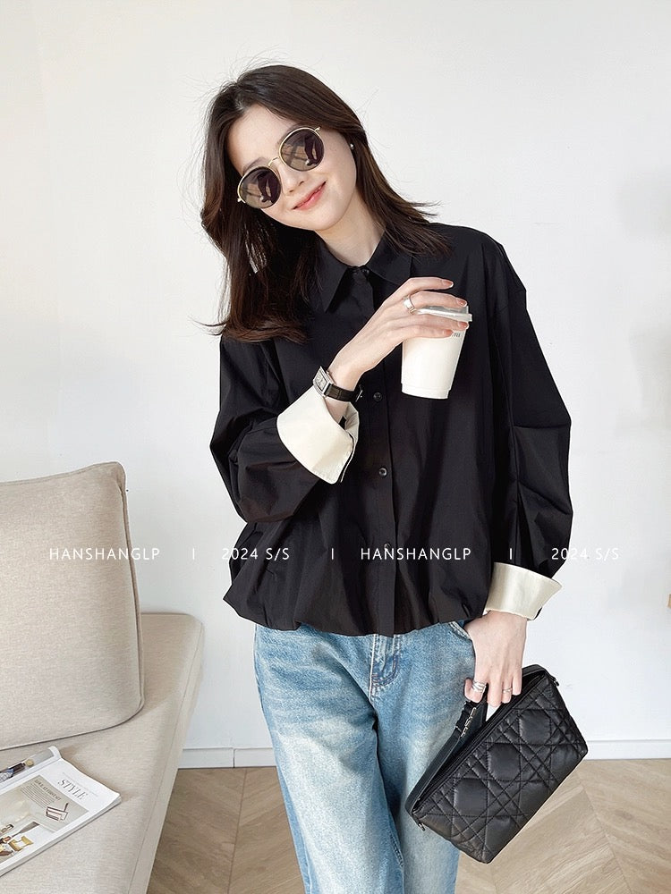 Hanshang Liangpin black high-end long-sleeved shirt for women spring 2024 Korean style loose and slim short top