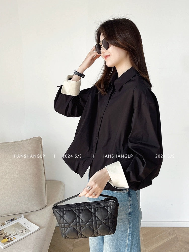 Hanshang Liangpin black high-end long-sleeved shirt for women spring 2024 Korean style loose and slim short top