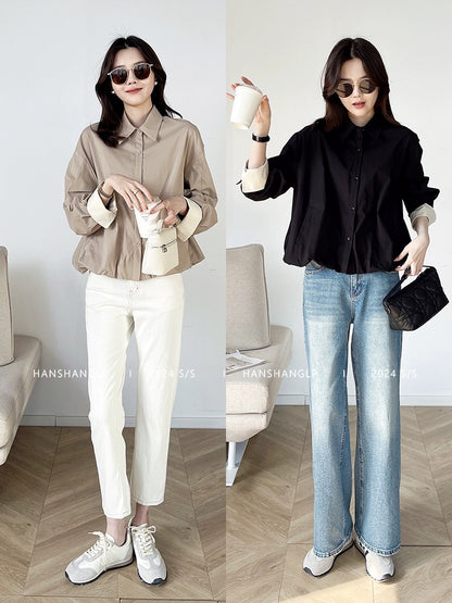 Hanshang Liangpin black high-end long-sleeved shirt for women spring 2024 Korean style loose and slim short top