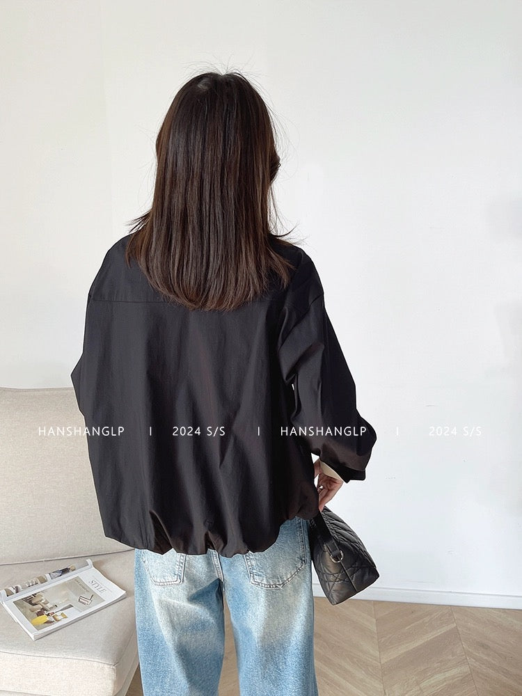 Hanshang Liangpin black high-end long-sleeved shirt for women spring 2024 Korean style loose and slim short top