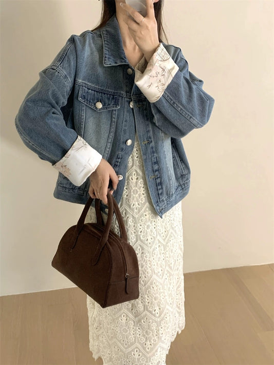 TOP6630 distressed denim jacket Chinese style splicing sleeves women's spring all-match loose casual jacket top ins trend