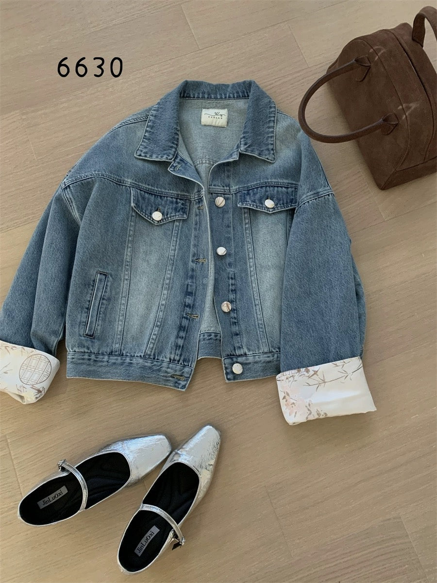 TOP6630 distressed denim jacket Chinese style splicing sleeves women's spring all-match loose casual jacket top ins trend