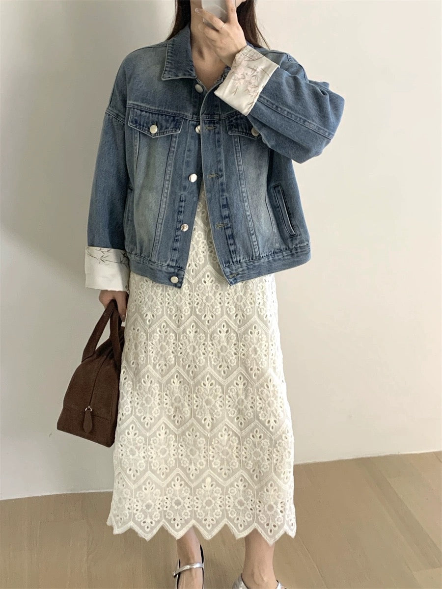 TOP6630 distressed denim jacket Chinese style splicing sleeves women's spring all-match loose casual jacket top ins trend