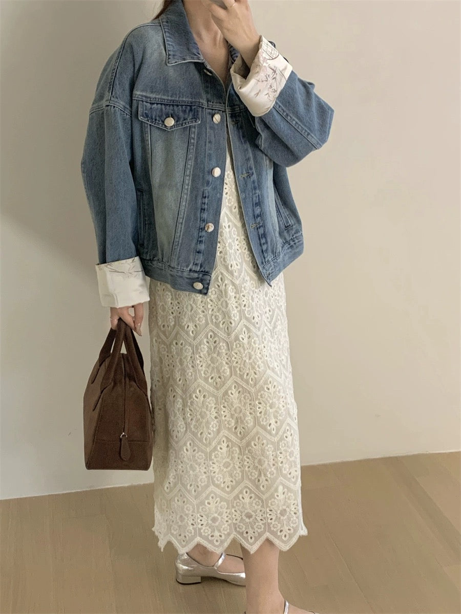 TOP6630 distressed denim jacket Chinese style splicing sleeves women's spring all-match loose casual jacket top ins trend