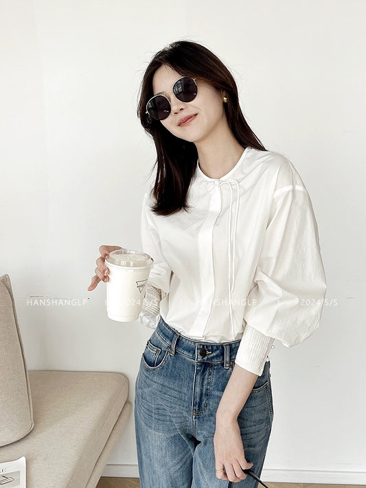 Han Shang Liangpin White Design New Chinese Style National Style Pure Cotton Long Sleeve Shirt Women's 2024 Spring New Top