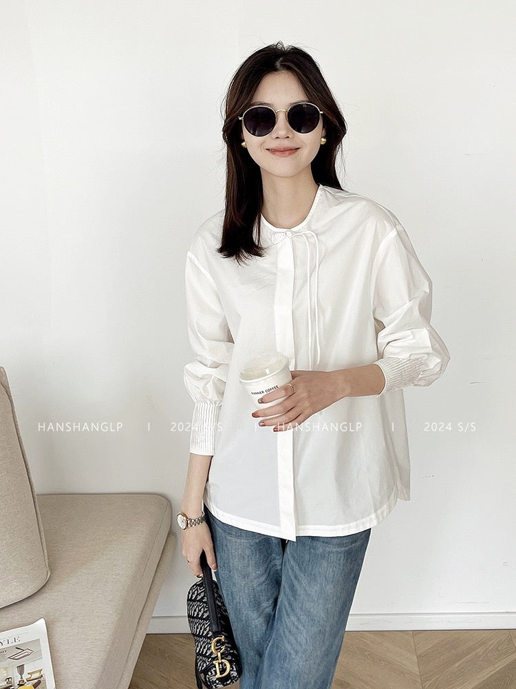 Han Shang Liangpin White Design New Chinese Style National Style Pure Cotton Long Sleeve Shirt Women's 2024 Spring New Top