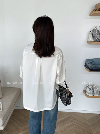 Han Shang Liangpin White Design New Chinese Style National Style Pure Cotton Long Sleeve Shirt Women's 2024 Spring New Top