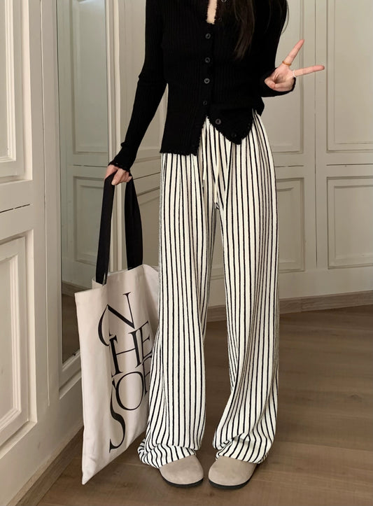 kumikumi lazy style contrast striped casual pants women's spring high-waisted wide-leg pants loose slimming long pants