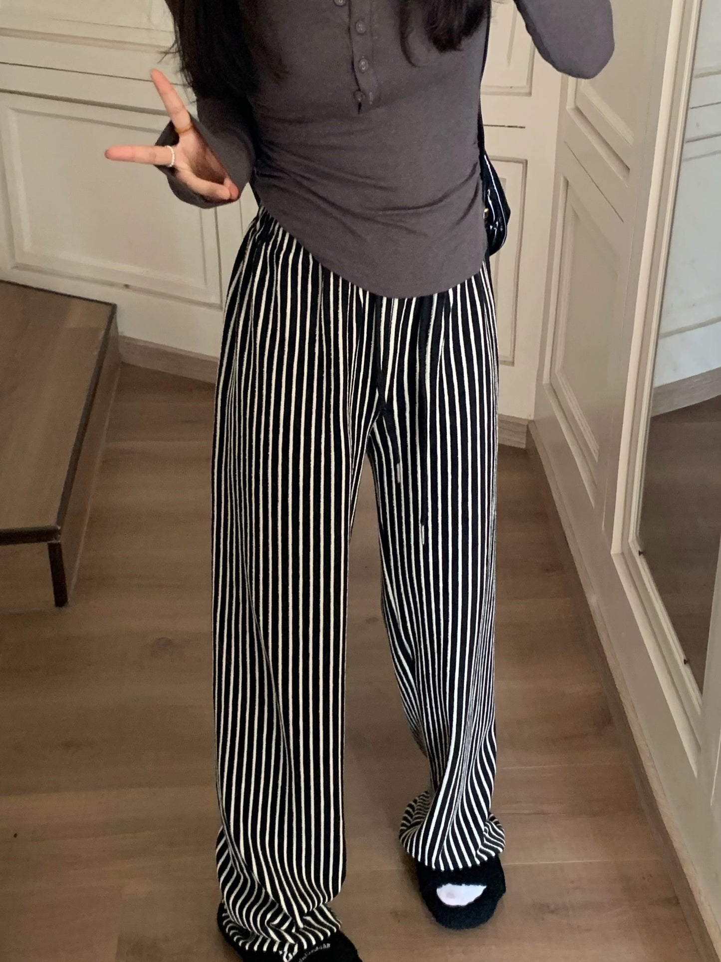 kumikumi lazy style contrast striped casual pants women's spring high-waisted wide-leg pants loose slimming long pants