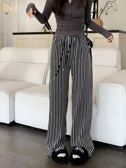 kumikumi lazy style contrast striped casual pants women's spring high-waisted wide-leg pants loose slimming long pants