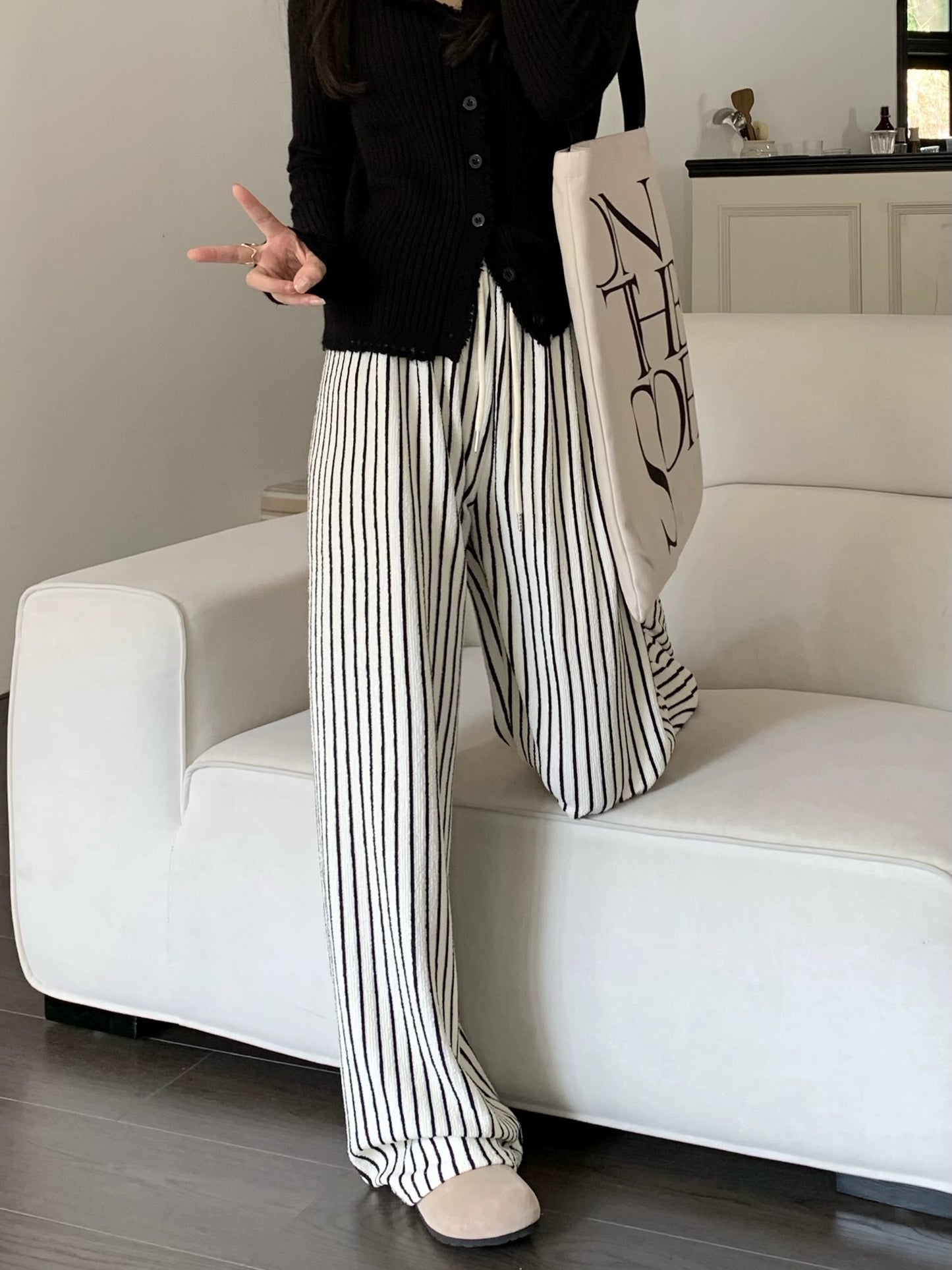 kumikumi lazy style contrast striped casual pants women's spring high-waisted wide-leg pants loose slimming long pants