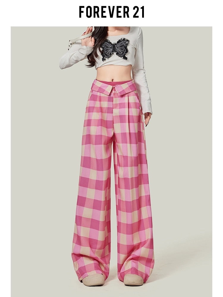 Forever 21 Hot Girl Plaid Wide Leg Casual Pants Women's Dopamine Pink High Waist Loose Straight Floor-Mopping Pants