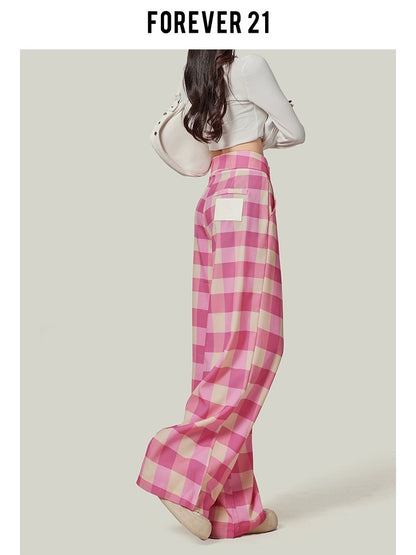 Forever 21 Hot Girl Plaid Wide Leg Casual Pants Women's Dopamine Pink High Waist Loose Straight Floor-Mopping Pants