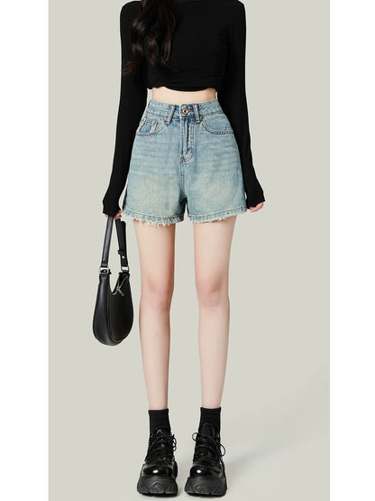 High-waisted retro raw edge denim shorts for women summer new thin design niche loose slimming wide-leg hot pants