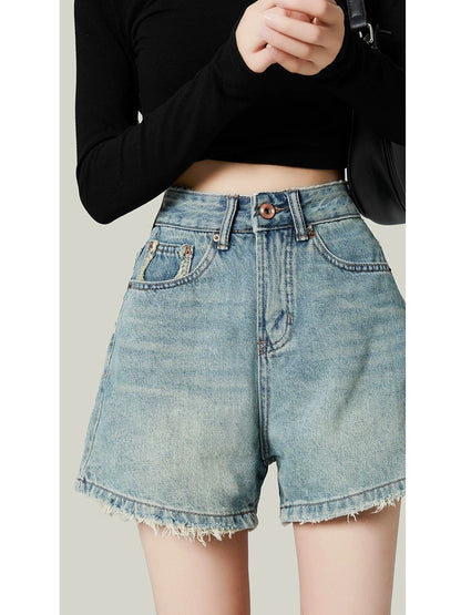 High-waisted retro raw edge denim shorts for women summer new thin design niche loose slimming wide-leg hot pants