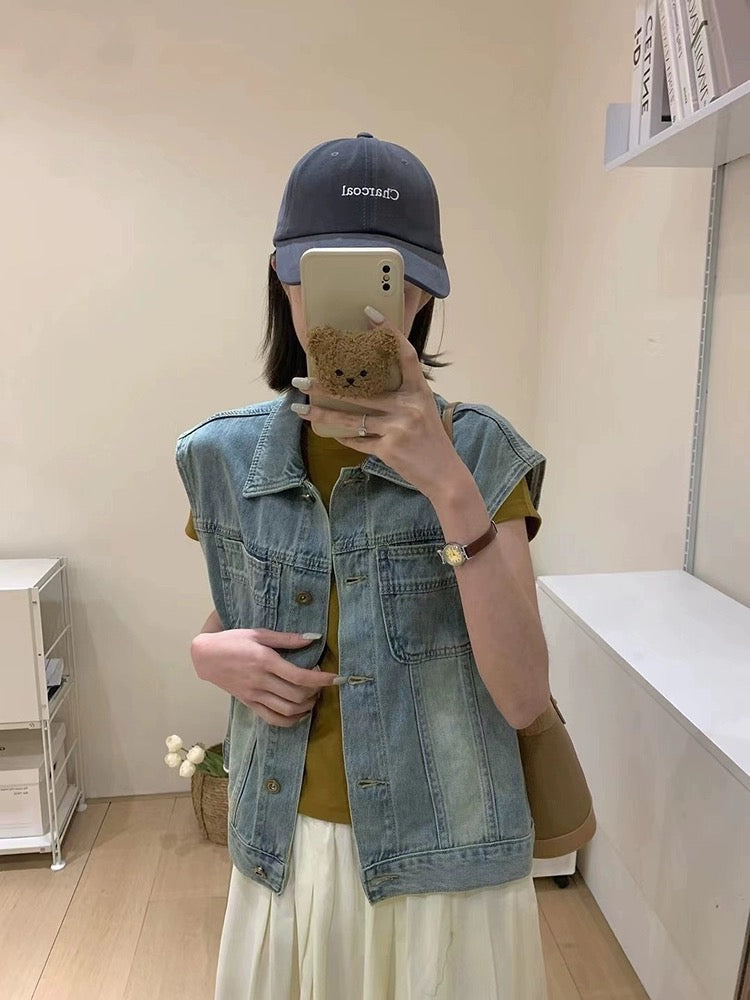 Blue retro denim vest jacket for women spring and summer 2024 new layered short sleeveless vest vest vest