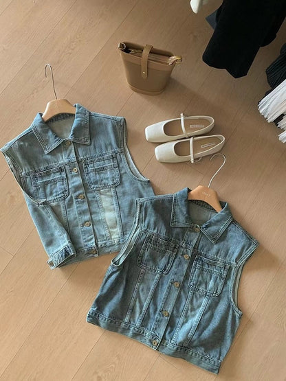 Blue retro denim vest jacket for women spring and summer 2024 new layered short sleeveless vest vest vest