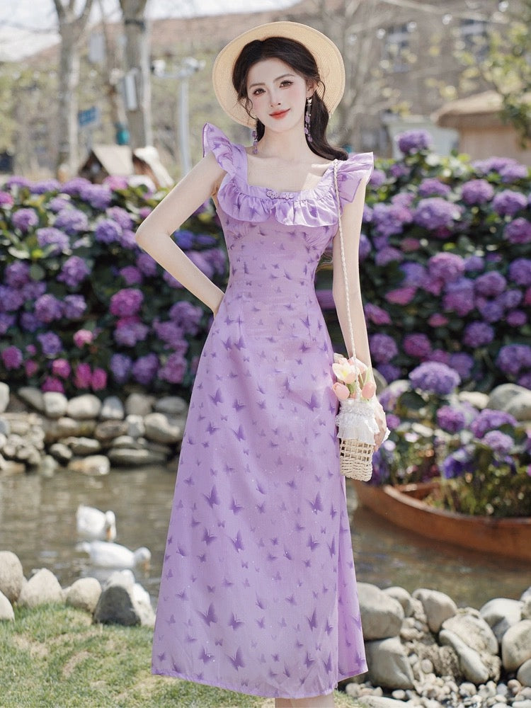 Summer French chic and beautiful purple suspender dress seaside vacation beach long skirt slimming temperament fairy