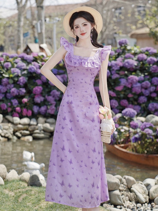 Summer French chic and beautiful purple suspender dress seaside vacation beach long skirt slimming temperament fairy